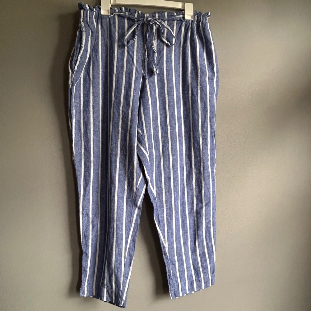Beachlunchlounge Blue White Striped Paperbag Waist Pants Womens XL Drawstring